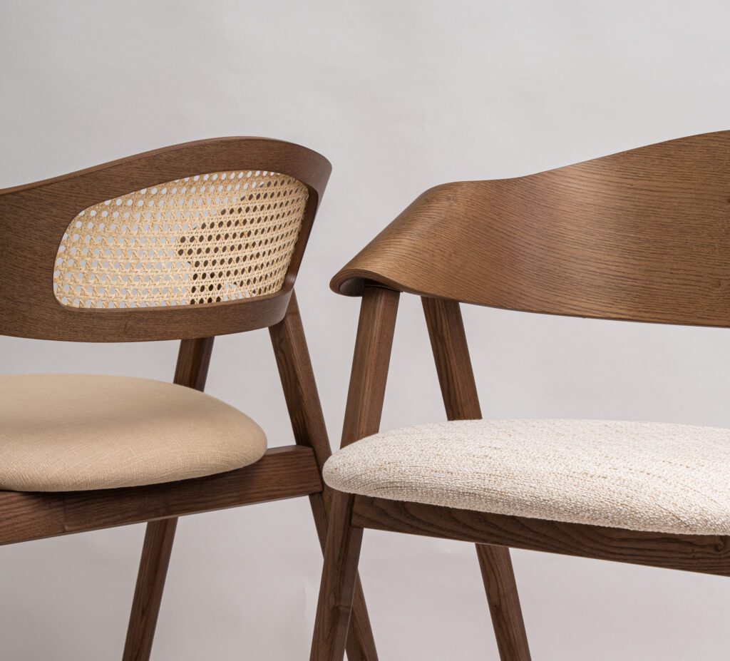 Solid-wood chair backrests with cane and upholstered seats